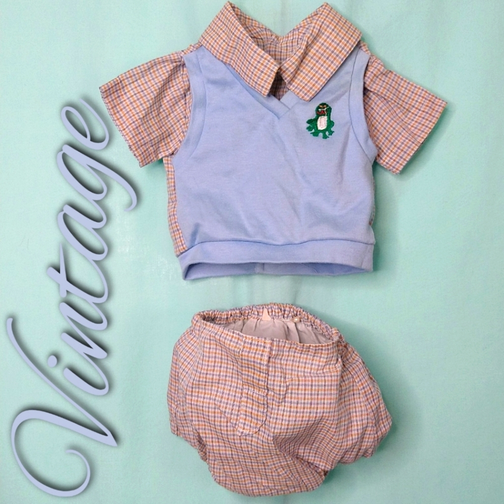 Vintage newborn baby boy outfit with diaper cover Frog Embroidery